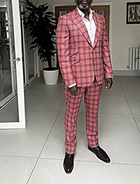 SUPERB RED WITH SKY BLUE AND BURGUNDY OVERCHECK 2-PIECE SUIT. 100% WOOL.