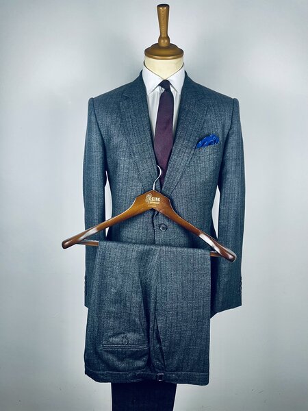 CLASSIC 2-PIECE FINE STRIPE CHARCOAL GREY SUIT WITH 15% SILK and 85% CASHMERE