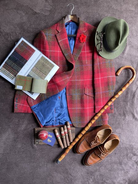 AUTUMNAL CLASSIC TWEED JACKET. RED WITH BLUE AND WHITE OVERCHECK 100% WOOL.