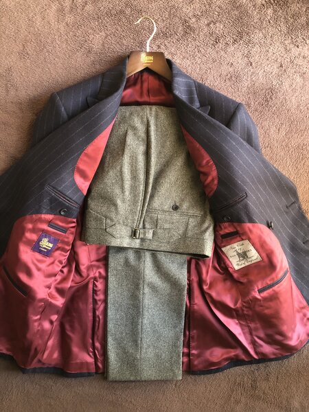 CLASSIC NAVY CHALK STRIPE DOUBLE BREASTED JACKET WITH CHARCOAL GREY TROUSER. 100% FLANNEL WOOL.