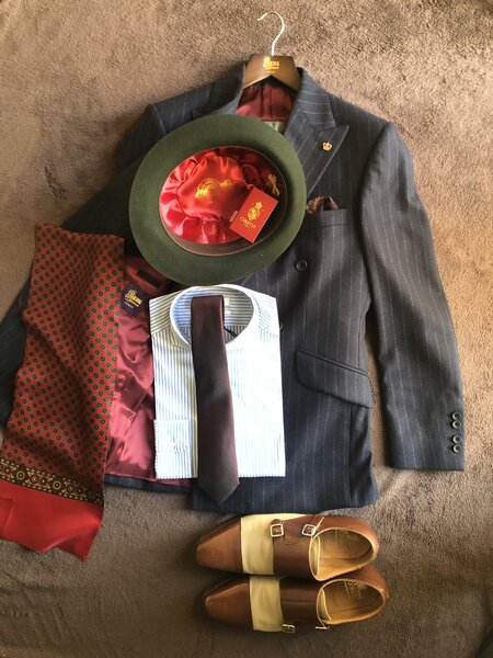 CLASSIC NAVY CHALK STRIPE DOUBLE BREASTED JACKET WITH CHARCOAL GREY TROUSER. 100% FLANNEL WOOL.