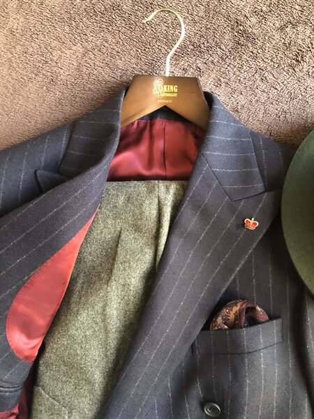 CLASSIC NAVY CHALK STRIPE DOUBLE BREASTED JACKET WITH CHARCOAL GREY TROUSER. 100% FLANNEL WOOL.